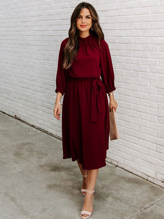 ワインレッド サッシポリエステルジュエルネック3/4レングススリーブミディドレス ワインレッド