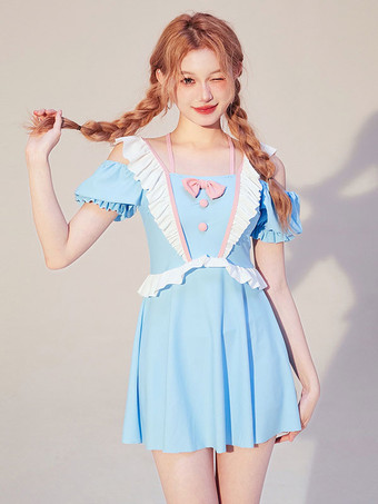 Sweet Lolita Outfits Light Sky Blue Bows Ruffles Short Sleeves Jumpsuit