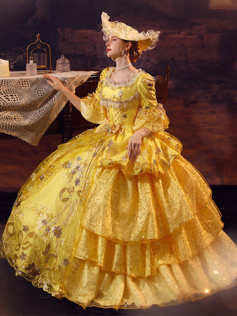 ゴールド レトロ コスチューム ポリエステル ドレス マリー アントワネット コスチューム 女性用 ゴシック マスカレード ボール ガウン