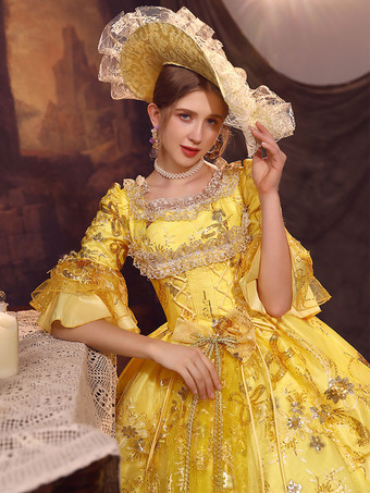 ゴールド レトロ コスチューム ポリエステル ドレス マリー アントワネット コスチューム 女性用 ゴシック マスカレード ボール ガウン