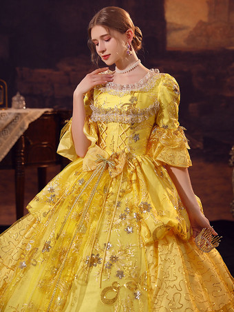 ゴールド レトロ コスチューム ポリエステル ドレス マリー アントワネット コスチューム 女性用 ゴシック マスカレード ボール ガウン