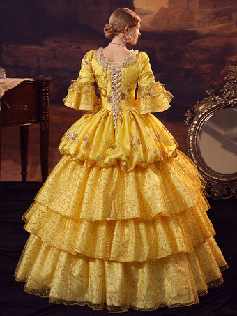 ゴールド レトロ コスチューム ポリエステル ドレス マリー アントワネット コスチューム 女性用 ゴシック マスカレード ボール ガウン