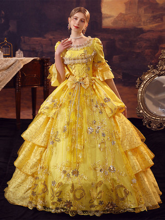 ゴールド レトロ コスチューム ポリエステル ドレス マリー アントワネット コスチューム 女性用 ゴシック マスカレード ボール ガウン