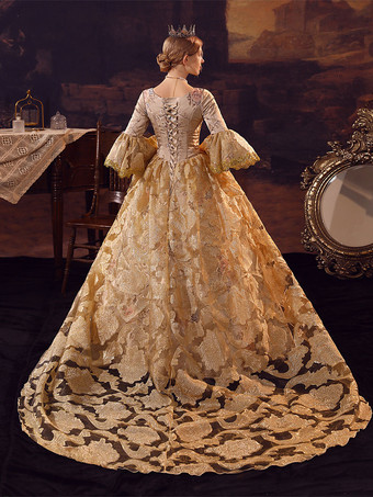 黄金のレトロな衣装ポリエステル ドレス マリー ・ アントワ ネット衣装女性のユーロ スタイルの古着