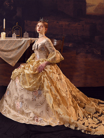 黄金のレトロな衣装ポリエステル ドレス マリー ・ アントワ ネット衣装女性のユーロ スタイルの古着