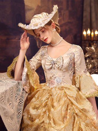 黄金のレトロな衣装ポリエステル ドレス マリー ・ アントワ ネット衣装女性のユーロ スタイルの古着