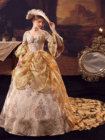 黄金のレトロな衣装ポリエステル ドレス マリー ・ アントワ ネット衣装女性のユーロ スタイルの古着