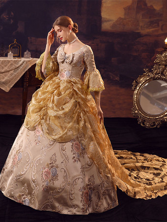 黄金のレトロな衣装ポリエステル ドレス マリー ・ アントワ ネット衣装女性のユーロ スタイルの古着