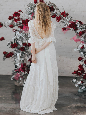 自由奔放に生きるウェディングドレスレースレースA-LinewithTrainナチュラルウエストバックレスハーフスリーブVネックアイボリー