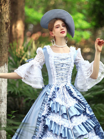 ライトスカイブルーレトロコスチューム女性のフリルポリエステルマリーアントワネットコスチュームドレスユーロスタイルヴィンテージ服