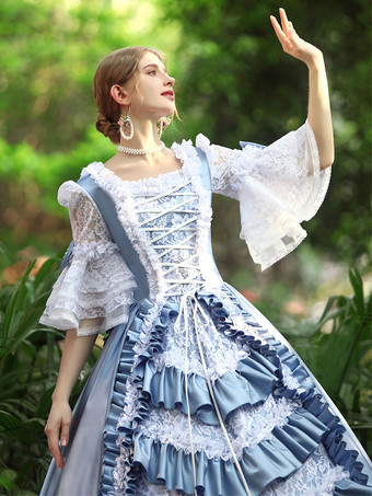 Light Sky Blue Retro Costumes Women's Ruffles Polyester Marie Antoinette Costume Dress Euro-Style Vintage Clothing