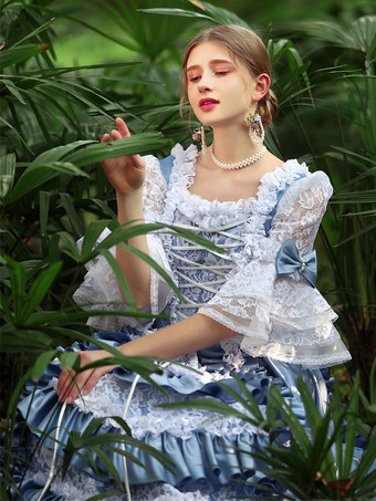 ライトスカイブルーレトロコスチューム女性のフリルポリエステルマリーアントワネットコスチュームドレスユーロスタイルヴィンテージ服