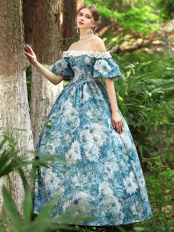 Light Sky Blue Retro Costumes Women's Floral Print Polyester Dress Gothic Marie Antoinette Costume 18th Century Costume