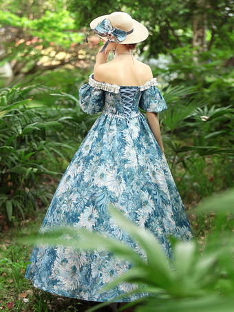 ライトスカイブルーレトロコスチューム女性の花柄ポリエステルドレスゴシックマリーアントワネットコスチューム18世紀のコスチューム