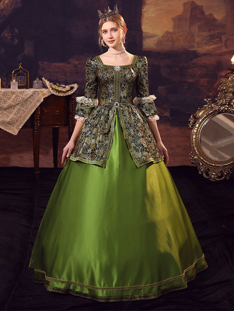 ハンターグリーンレトロコスチュームポリエステルドレス女性のユーロスタイルのマリー・アントワネットコスチュームマスカレードボールガウン