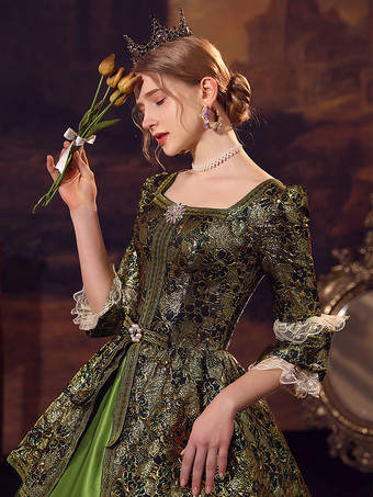 ハンターグリーンレトロコスチュームポリエステルドレス女性のユーロスタイルのマリー・アントワネットコスチュームマスカレードボールガウン