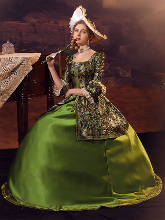 ハンターグリーンレトロコスチュームポリエステルドレス女性のユーロスタイルのマリー・アントワネットコスチュームマスカレードボールガウン