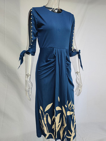 ボディコンドレス ダークネイビー 花柄 半袖 セクシー ジュエルネック オープンショルダー ミディドレス