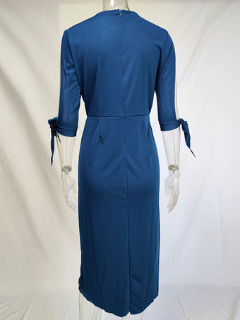 ボディコンドレス ダークネイビー 花柄 半袖 セクシー ジュエルネック オープンショルダー ミディドレス