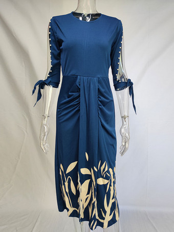 ボディコンドレス ダークネイビー 花柄 半袖 セクシー ジュエルネック オープンショルダー ミディドレス