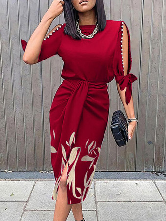 レッド ボディコンドレス ダークネイビー 花柄 半袖 セクシー ジュエルネック オープンショルダー ミディドレス