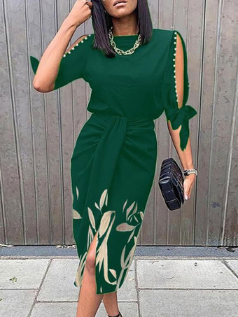 グリーン ボディコンドレス ダークネイビー 花柄 半袖 セクシー ジュエルネック オープンショルダー ミディドレス