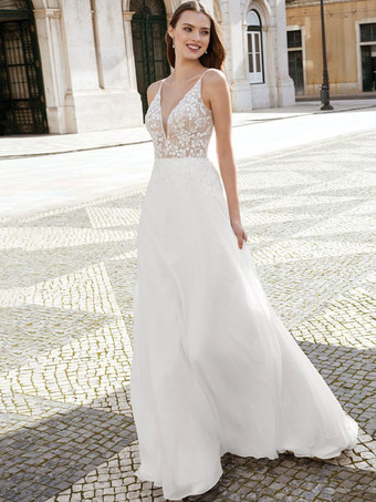 Simple Wedding Dress Lace V-Neck Sleeveless Lace A-Line Bridal Dresses Free Customization