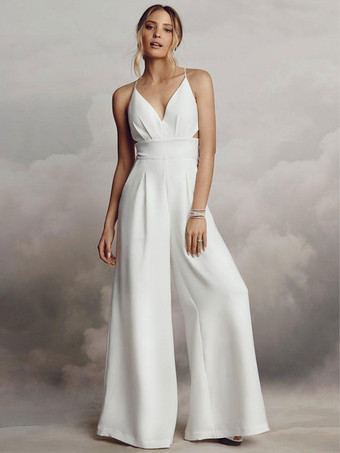 Ivory Bridal Jumpsuit Pockets Floor-Length A-Line V-Neck Sleeveless Wedding Jumpsuit Free Customization