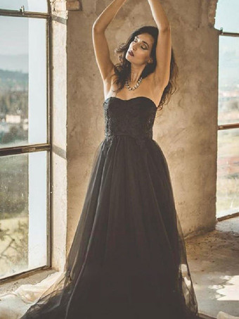 ブラック ゴシック ウェディングドレス A ライン ノースリーブ レース フロアレングス ブライダルドレス 無料カスタマイズ