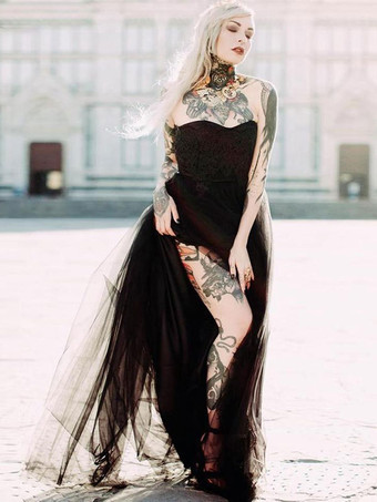 ブラック ゴシック ウェディングドレス A ライン ノースリーブ レース フロアレングス ブライダルドレス 無料カスタマイズ