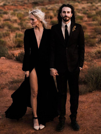 ゴシックウェディングドレス A ライン長袖スプリットフロント床長さのブライダルドレス無料カスタマイズ