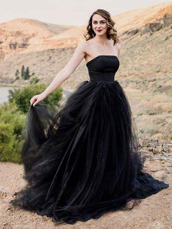 Черные готические свадебные платья A-Line без рукавов со шлейфом Bridal Dress Free Customization