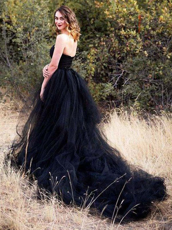 黒ゴシックウェディングドレス A ラインノースリーブトレーンブライダルドレス無料カスタマイズ