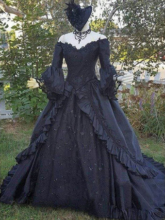 黒ゴシックウェディングドレス A ライン 3/4 長さの袖レースの花嫁衣装トレーン無料カスタマイズ