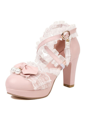 ロココスタイルのロリータシューズブラックボウフリルパールラウンドトゥPUレザーロリータパンプス