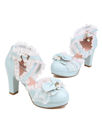 ロココスタイルのロリータシューズブラックボウフリルパールラウンドトゥPUレザーロリータパンプス