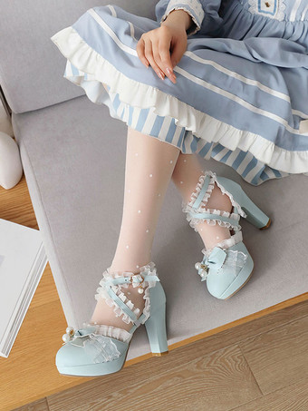 ライトスカイブルーロココスタイルのロリータシューズブラックボウフリルパールラウンドトゥPUレザーロリータパンプス