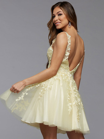 イエローホームカミングドレスショート A ラインジュエルネックレースタイトホームカミング衣装無料カスタマイズ