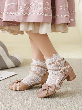 ピンクROCOCOスタイルロリータシューズライトスカイブルーフリルPUレザーチャンキーヒールロリータパンプス