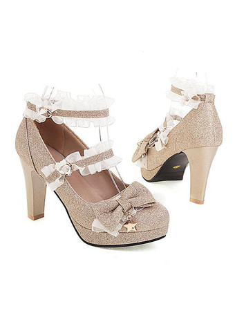 ROCOCOスタイルロリータシューズライトスカイブルーフリルPUレザーチャンキーヒールロリータパンプス