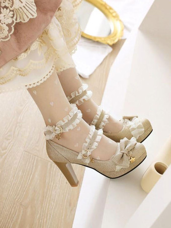 ゴールド ROCOCOスタイルロリータシューズライトスカイブルーフリルPUレザーチャンキーヒールロリータパンプス