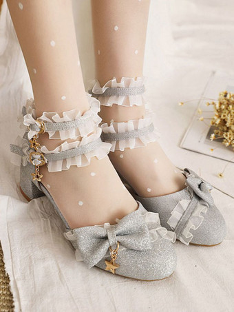 ROCOCOスタイルロリータシューズライトスカイブルーフリルPUレザーチャンキーヒールロリータパンプス