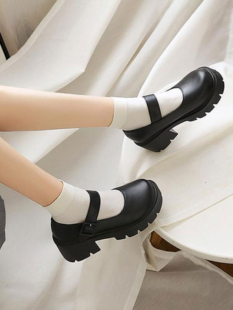 アカデミックロリータフットウェアブルゴーニュPUレザーチャンキーヒールロリータパンプス