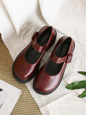 アカデミックロリータフットウェアブルゴーニュPUレザーチャンキーヒールロリータパンプス