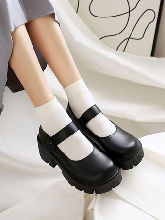 ブラック アカデミックロリータフットウェアブルゴーニュPUレザーチャンキーヒールロリータパンプス