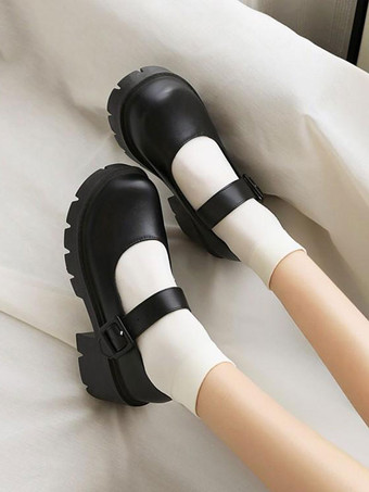 アカデミックロリータフットウェアブルゴーニュPUレザーチャンキーヒールロリータパンプス