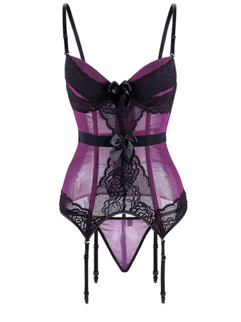 パープル 印刷されたフックとアイのセクシーな赤いレースの女性のビスチェ