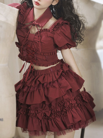 【正规品】ゴスロリドレス リボン フリル 半袖 スカート トップス 女性 2セット