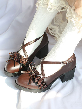 Calzature accademiche Lolita Scarpe Lolita in pelle marrone scuro con volant e fiocchi con punta tonda