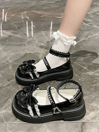 Calçado estilo ROCOCO lolita com babados pretos lacinhos de couro PU salto grosso sapatilhas lolita